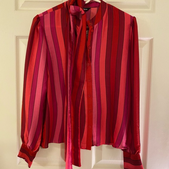 Express Pink & Red Striped Silky Blouse w/ Tie - Picture 1 of 4